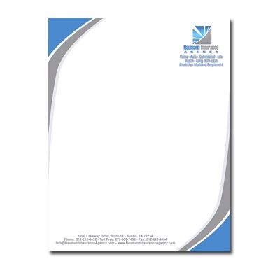 a white and blue business letterhead on a white background