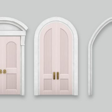 three pink doors with archs on the sides and one open door in the middle