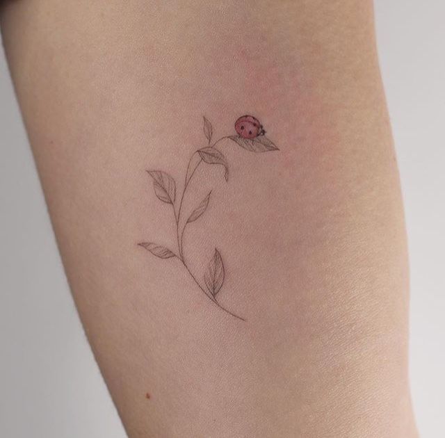 a ladybug sitting on top of a leaf tattoo