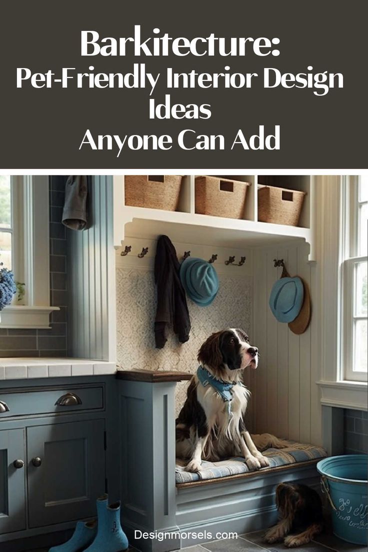 a dog sitting on top of a bench in a kitchen