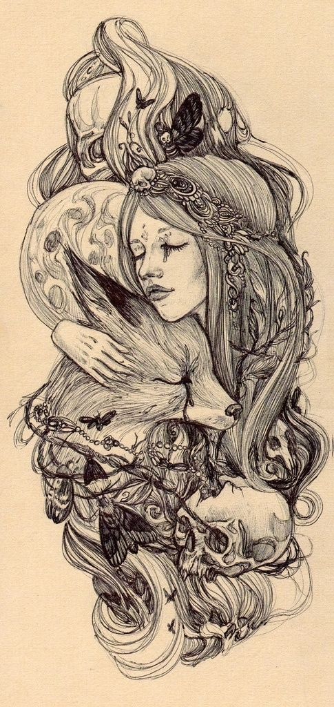 a drawing of a woman with long hair holding a bird in her arms and looking down at the ground