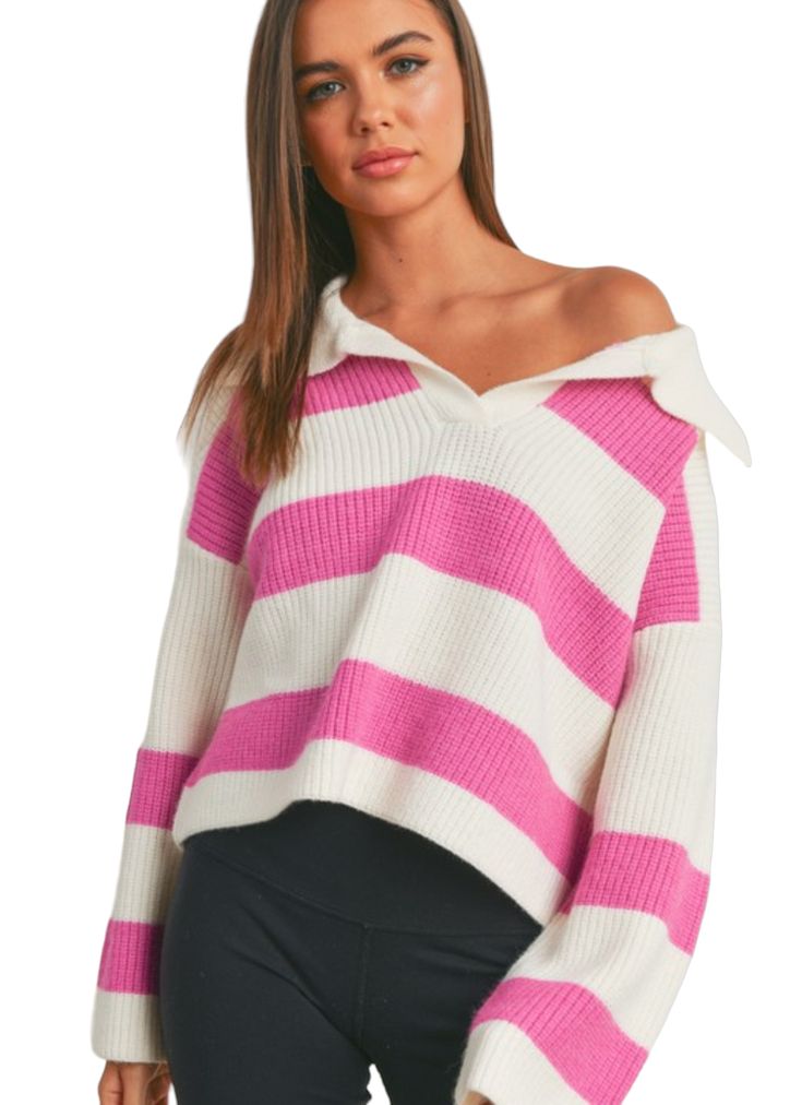 Trendy Sweaters, Favorite Sweater, Collar Sweater, Preppy Outfits, Striped Knit, Pink Sweater, Sweater Weather, Blue Sweaters, Cropped Sweater