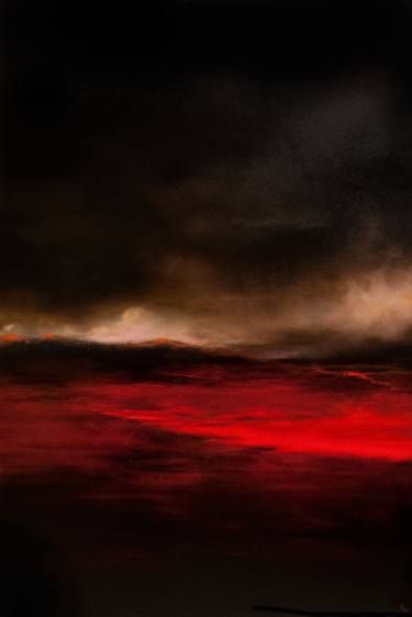 an airplane is flying in the sky with red and black clouds behind it at night