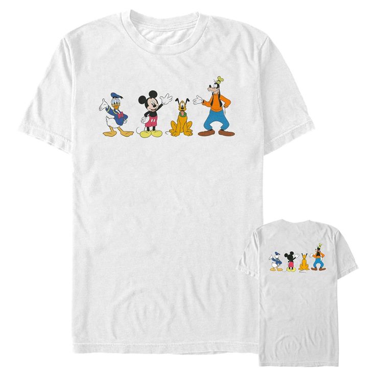 Who knew that dressing "mousey" could be so cute!? Celebrate Walt Disney's most iconic characters with this officially licensed Disney Mickey Mouse and Friends Waving Friends Front and Back Men's Graphic T-Shirt. This adorable tee features the front of Mickey, Donald, Goofy, and Pluto along with a back graphic showing them from behind. Add this tee to your Disney collection for the perfect style on your next trip to Disneyland! White Themed Mickey Mouse T-shirt, Disney T-shirt With Cartoon Print For Disney Trips, Themed Mickey Mouse Tops For Disney Events, White T-shirt With Cartoon Print For Disney Trips, White Cartoon Print T-shirt For Disney Trips, Mickey Mouse Themed Short Sleeve T-shirt, Themed Mickey Mouse Short Sleeve T-shirt, White T-shirt With Character Print For Disney Fan Events, Pre-shrunk Disney T-shirt For Disney Trips