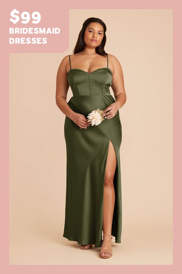 a woman in a green dress with her legs slited up and the words $ 99 bridesmaid dresses on it