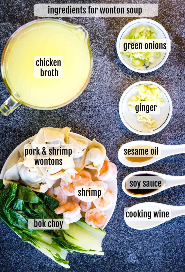 ingredients to make chicken broth are shown on a plate with spoons and bowls