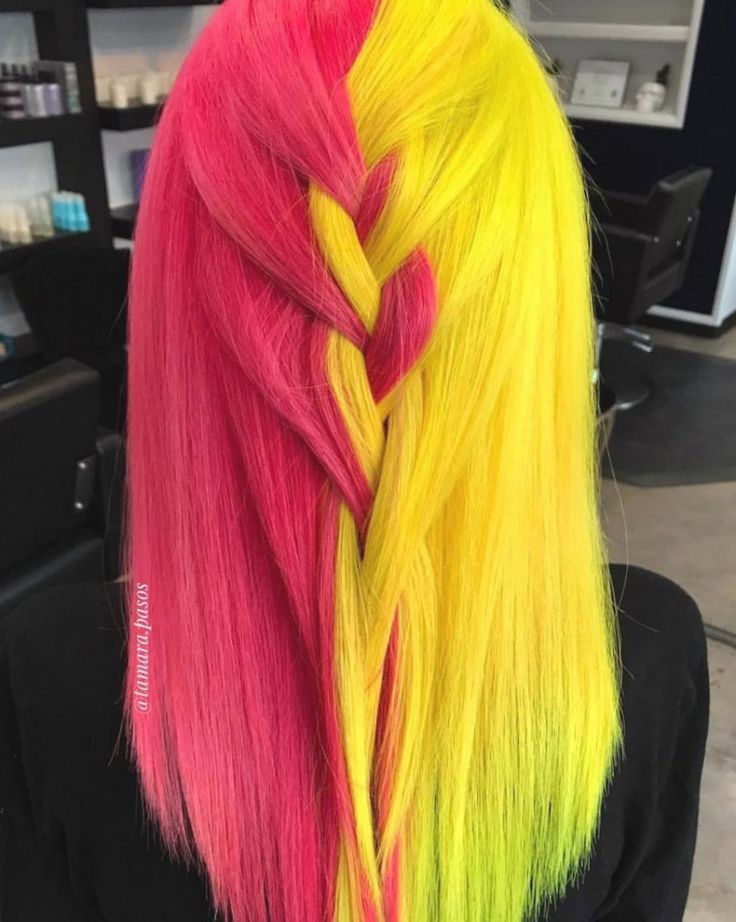 Half Yellow Half Pink Hair, Pink And Yellow Hair, Haircolor Ideas, Yellow Hair Color, Half And Half Hair, Half Braid, Split Dyed Hair, Neon Hair, Coloured Hair