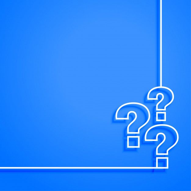 a blue background with two question marks hanging from the top and one in the middle