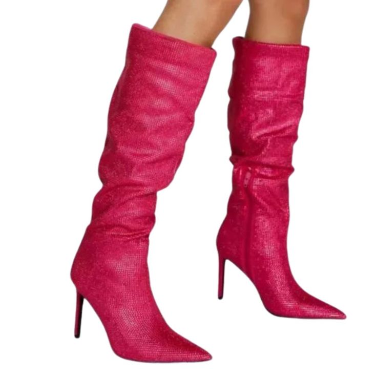 Put On Your Dancing Shoes. Heading To A Party? Our Diamante Slouchy Boots Would Like To Go With. Diamante Slouchy Boots Diamante Boots Slouchy Boots Inner Leg Zip Fastening Pointed Toes Stiletto Heels Knee High Boots Outer: Synthetic Pu Materials. Inner: Textile Materials. Pink Boots For Night Out During Party Season, Glitter Boots With Pointed Toe For Party, Party Glitter Boots With Pointed Toe, Glitter Pointed Toe Party Boots, Holiday Party Boots With Round Toe, Holiday Party Glitter Boots, High Heel Boots For Party And Holiday, Fitted Almond Toe Party Boots, Elegant Party Boots