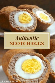 an egg is in the middle of some bread on a white plate with text overlay that reads authentic scotch eggs