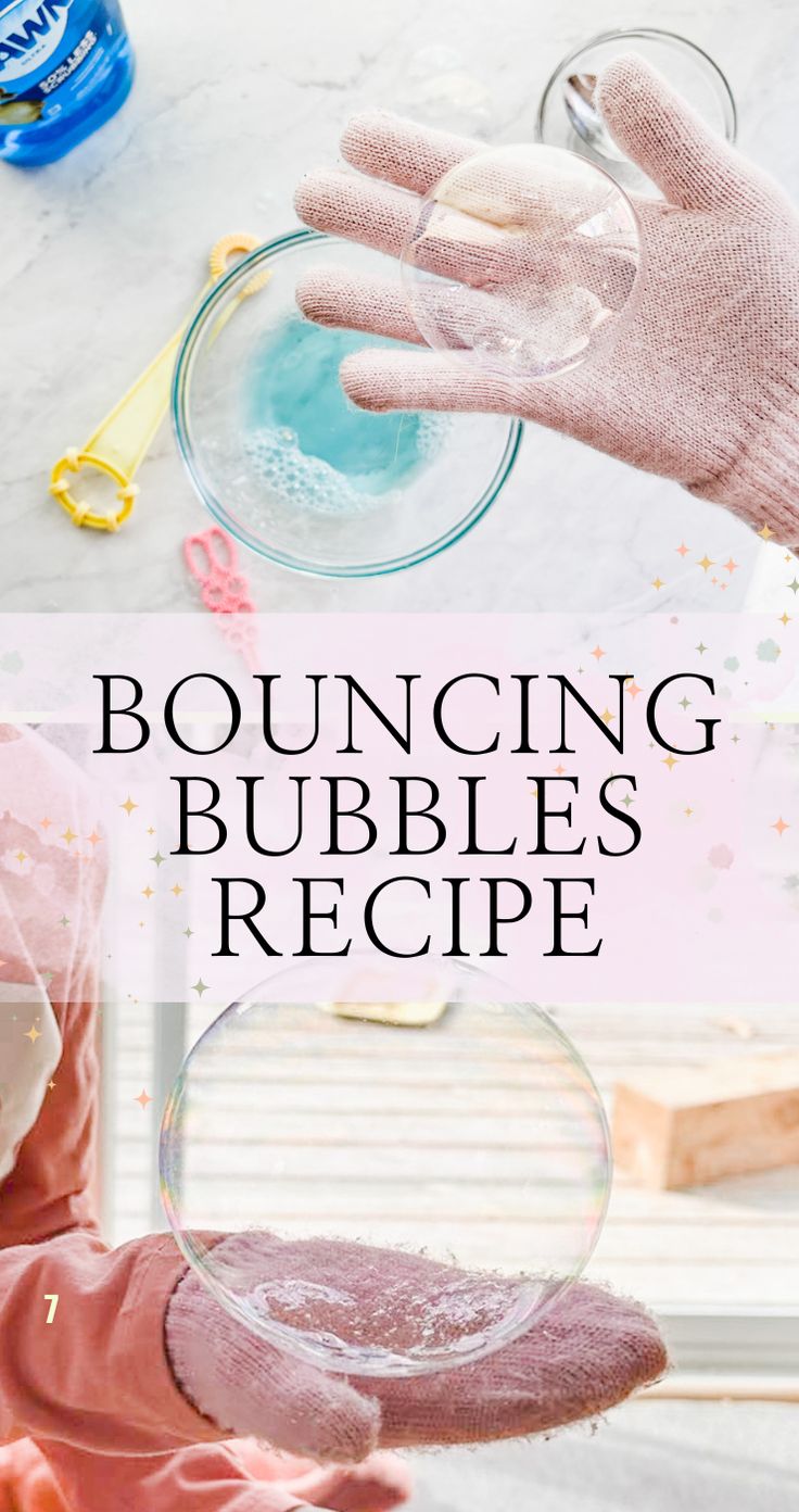 a person in pink gloves is pouring bubbles into a glass bowl with the words bouncing bubbles recipe