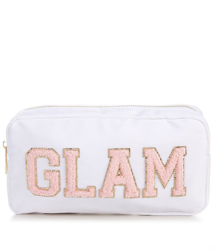 From GB&#x2C; this bag features:Solid bodyPatch sewn on "GLAM" letteringZip closureDimensions approx. 9.5" x 5" x 2"NylonImported. Trendy Back-to-school Zipper Pouch Bag, Trendy Zipper Pouch Bag For Back To School, Everyday Nylon Bags With Embroidered Logo, White Travel Bag With Embroidered Logo, White Nylon Bags With Zipper Closure, Nylon Bag With Embroidered Logo For Everyday Use, White Nylon Bag With Zipper Closure, Back To School White Bag With Zipper Pouch, Trendy School Cosmetic Bag With Zipper Pocket