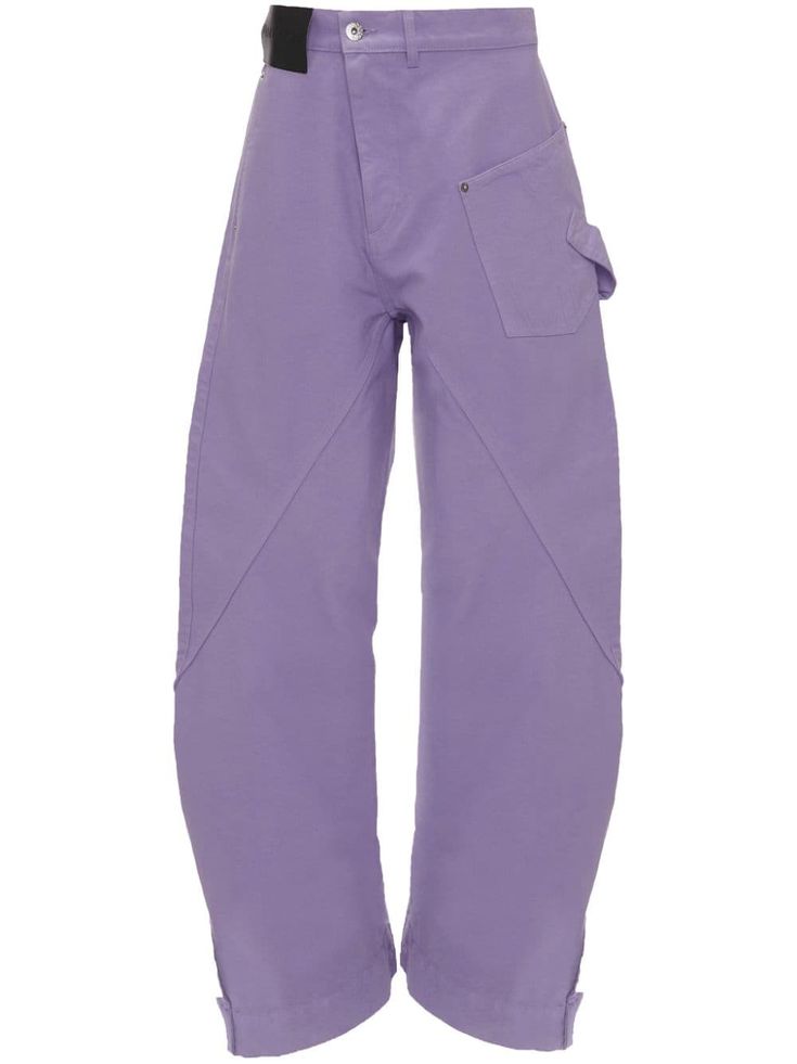 purple organic cotton denim belt loops side stripe detailing high-rise wide leg front button and zip fastening side patch pocket two rear patch pockets Loose Fit Trousers, City Shorts, Workwear Trousers, Denim Belt, Pocket Logo, Organic Materials, Jw Anderson, Pocket Belt, Short Suit