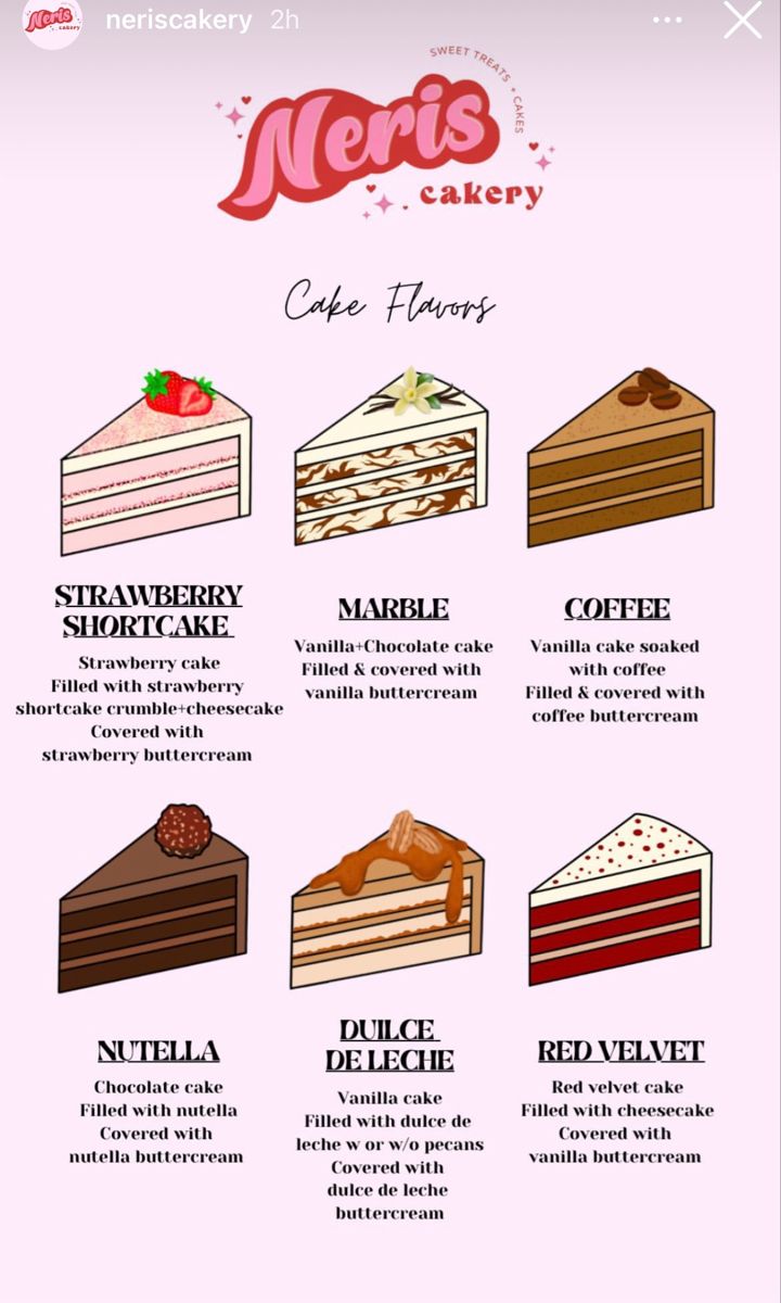 a menu with different types of cakes on it