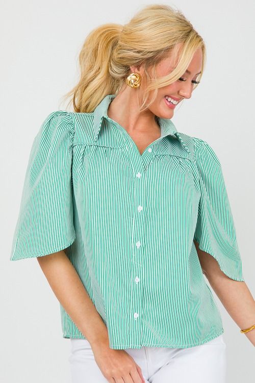 Martha Stripe Shirt, Kelly Green Preppy Top With Striped Collar For Spring, Spring Pinstripe Button-up Blouse, Striped Collared Preppy Shirt, Trendy Striped Puff Sleeve Top, Preppy Striped Collared Shirt, Spring Pinstripe Blouse With Striped Collar, Spring Vertical Stripes Button-up Blouse, Spring Striped Preppy Shirt, Spring Button-up Blouse With Vertical Stripes