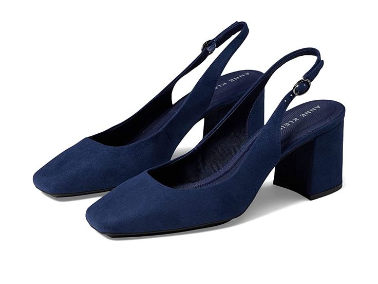 Anne Klein Lizette - Women's Shoes : Navy : Look effortlessly sophisticated and stylish wearing the comfy Anne Klein Lizette pumps. Synthetic upper. Fabric lining and insole. Cushioned footbed offers enhanced comfort and arch support. Adjustable slingback strap with buckle closure. Anne Klein iFlex Technology allows for a flexible fit that can bend up to 90 degrees. Square toe. Block heel. Man-made outsole. Imported. Measurements: Heel Height: 2 3 4 in Weight: 10 oz Product measurements were tak Spring Slingback Pumps With Arch Support, Elegant Slingback Pumps With Cushioned Footbed, Medium Width Slingback Pumps With Cushioned Footbed, Medium Width Cushioned Slingback Pumps, Fitted Slingback Pumps With Removable Insole, Cushioned Slingback Pumps For Formal Occasions, Spring Synthetic Slingback Pumps With Arch Support, Chic Slingback Pumps With Cushioned Footbed And Round Toe, Formal Medium Width Slingback Pumps