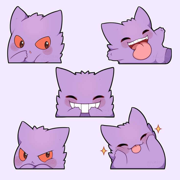 some purple cats with orange eyes and fangs