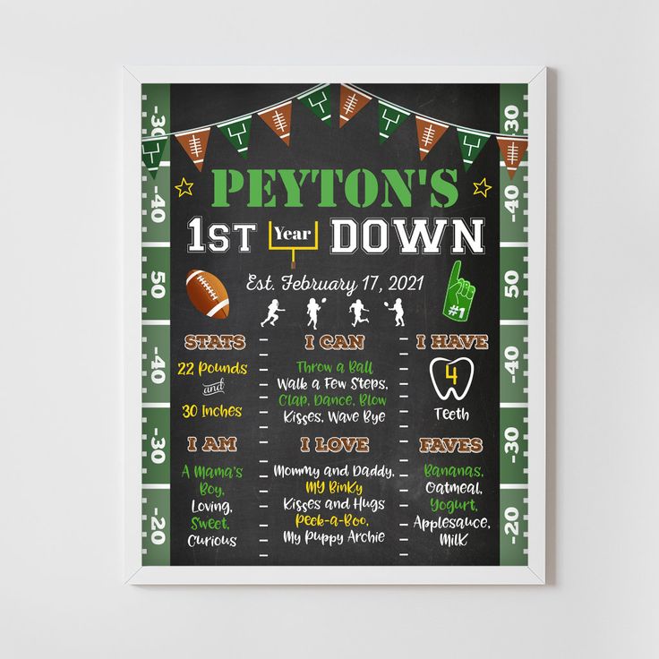 a chalkboard sign with footballs and pennants on it, says peyon's 1st down