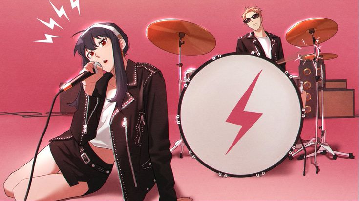 a woman sitting on the ground next to a drum kit and another person standing behind her