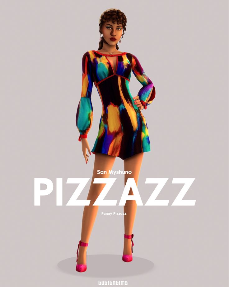 a woman in a colorful dress standing next to a poster for the movie pizzazz