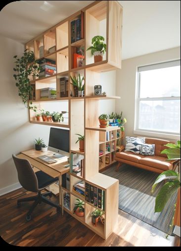 a home office with wooden shelving and plants