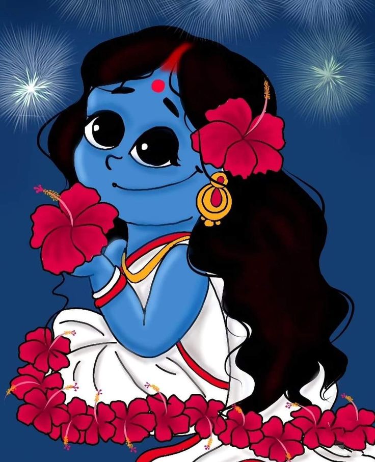 a cartoon character with long black hair and red flowers on her head holding a flower