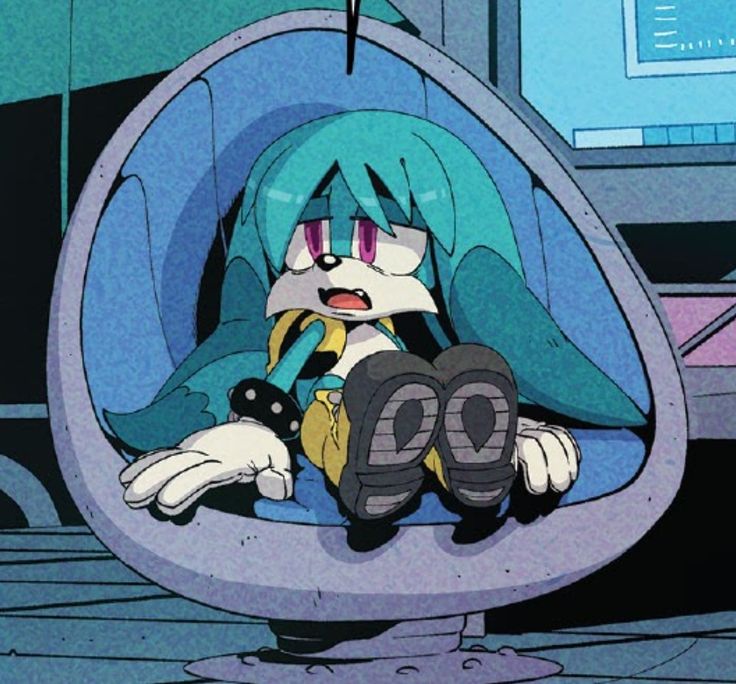 an anime character sitting in a chair with her feet on the ground and looking at something