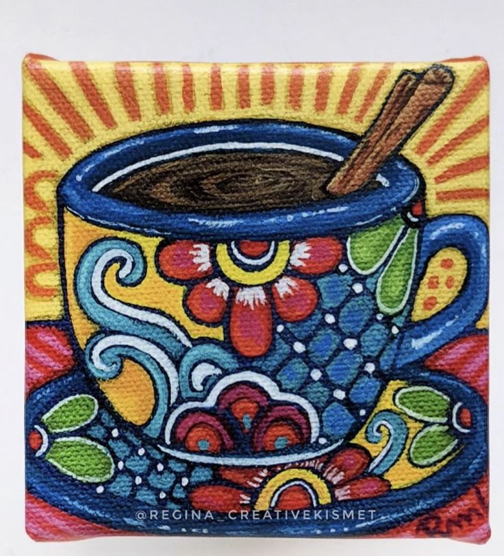 a painting of a coffee cup with cinnamon in it