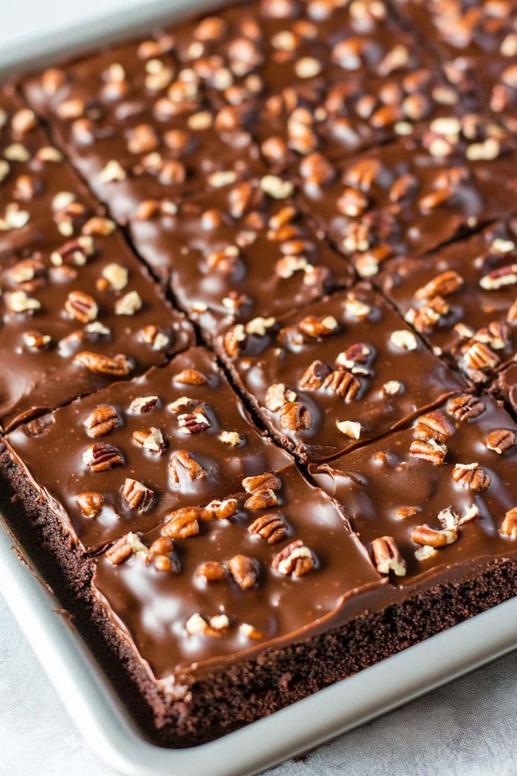 a close up of a chocolate cake with nuts on top