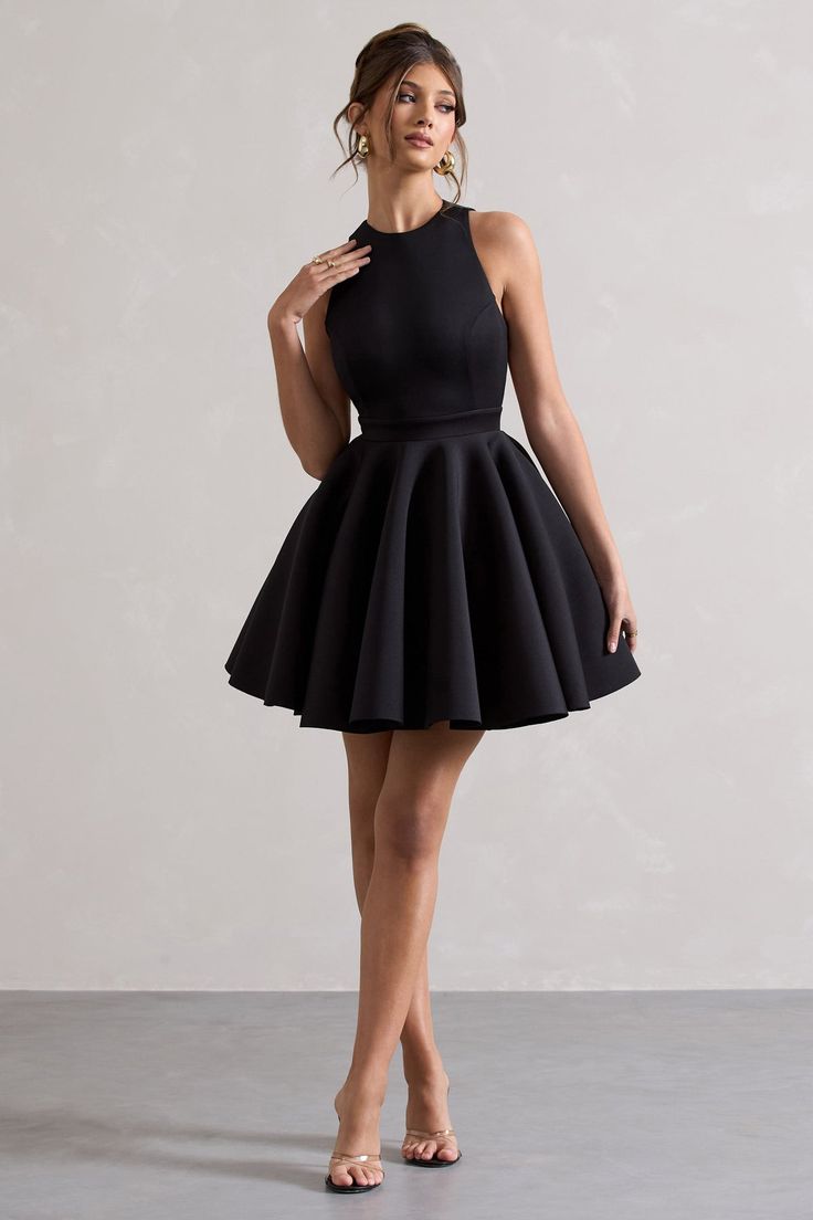 Waverly | Black Racer-Neck Sleeveless Skater Mini Dress Skater Dresses Formal Classy, Skater Mini Dress, Midi Bridesmaid Dress, Prom Inspo, Black Dresses Classy, Club L London, Black Racer, Black Skater Dress, Black Dress Prom