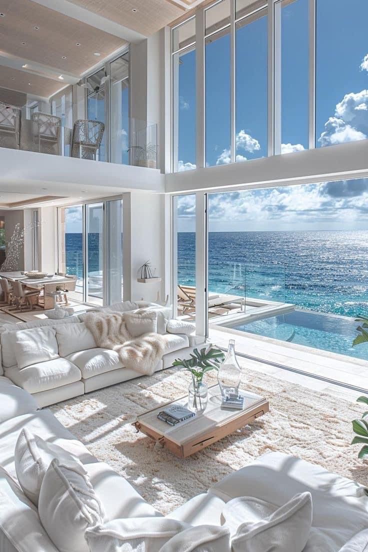 a living room filled with white furniture and large windows overlooking the ocean on a sunny day