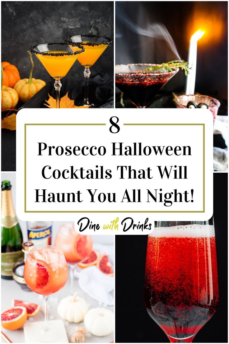 Collage of 4 prosecco halloween cocktails. Halloween Cocktails Punch, Easy Halloween Cocktails, Fun Halloween Drinks, Halloween Party Punch, Prosecco Cocktail Recipes, Halloween Themed Drinks, Prosecco Drinks, Halloween Recipes Drinks, Batch Cocktail Recipe