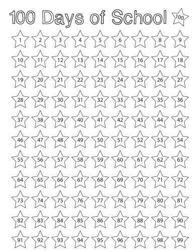 the 100 days of school coloring page with stars and numbers in black ink on white paper