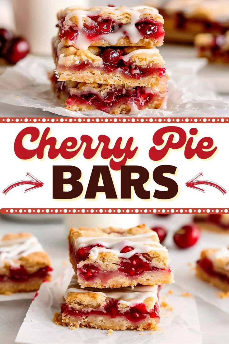 cherry pie bars stacked on top of each other with the words cherry pie bars above them