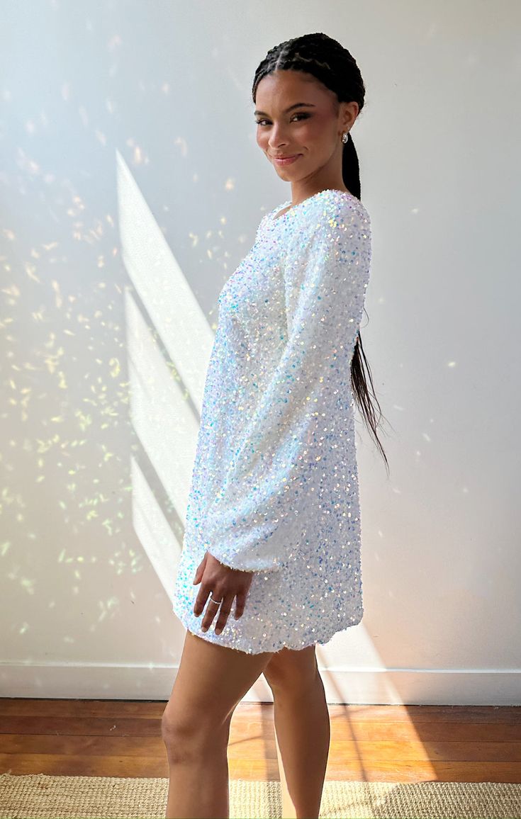 Clarabelle Dress ~ White Sparkle Sequin ��– Show Me Your Mumu White Sequin Dress Short Wedding, White Sequin Disco Dress, Long Sleeve Sequin White Dress, Short White Bridal Dress, Winter Wonderland Party Dress, Winter Rehearsal Dinner Outfit For Bride, White Mini Length Sequin Dress, White Sequin Dress Short Maternity, Winter Bridal Shower Outfit