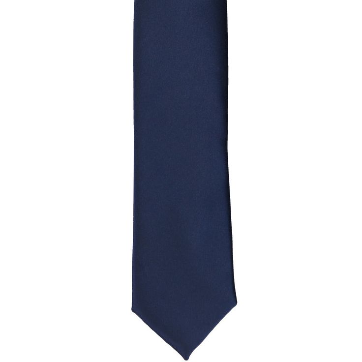 This navy blue premium tie is cut to our skinniest and trendiest, 2-inch width. Its heavyweight woven material and smooth, satin finish provide a sharp look that is suited for your most formal occasions. We recommend this shade for a classic navy blue. See it in person by requesting a free color swatch. Product Features Skinny 2" width, at the widest point 57" length, tip to tip Color is navy blue Made from 100% Polyester Microfiber Smooth, satin finish Imported Classic Navy Ties For Work, Classic Suit And Tie Accessories With Satin Finish, Classic Solid Suit And Tie Accessories With Satin Finish, Elegant Navy Ties For Black Tie Events, Satin Finish Ties For Black Tie Occasions, Fitted Black Tie Neckwear In Solid Color, Black Tie Event Satin Finish Ties, Solid Color Satin Finish Ties For Semi-formal Occasions, Semi-formal Solid Color Satin Finish Ties