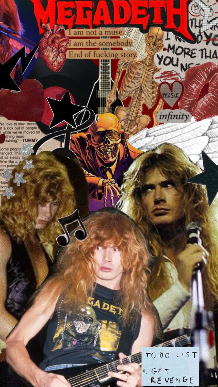 collage of rock band members with guitar and text reading megadeth today, you're alive