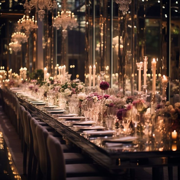 a long table is set with candles and flowers for a formal dinner or party event