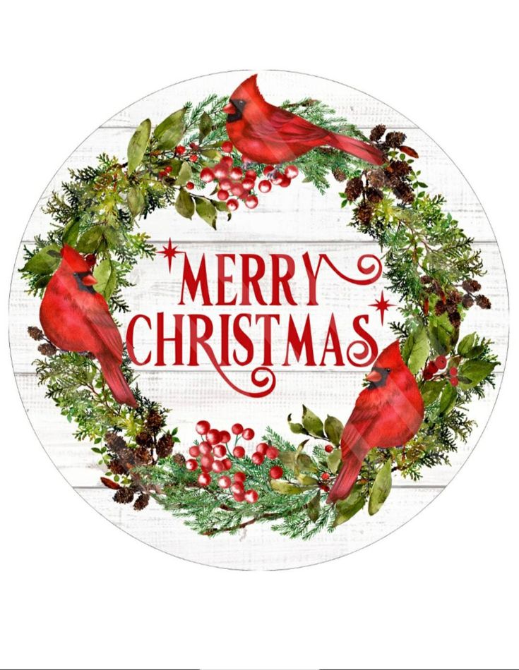 a merry christmas wreath with two red birds on it and holly leaves around the wreath