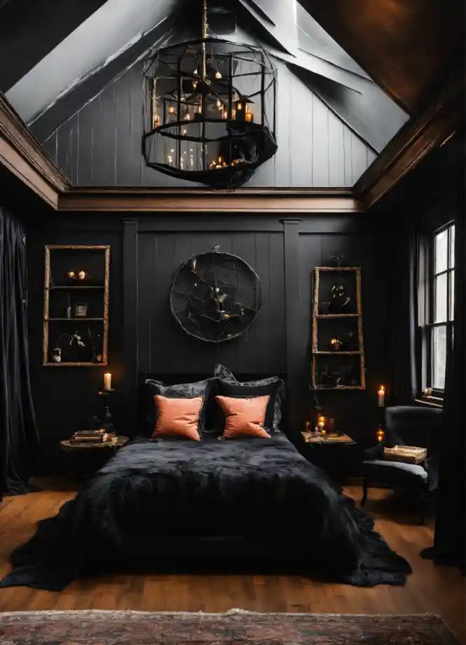 a bedroom with black walls and wooden floors, an iron chandelier above the bed