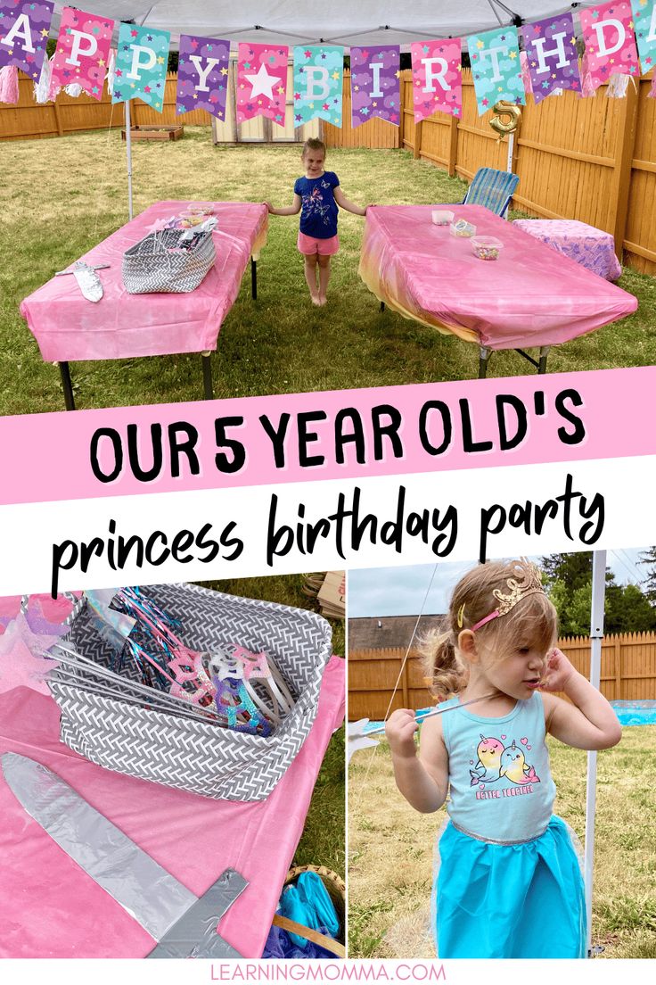 the princess birthday party is set up outside with pink and blue decorations, including an ice cream