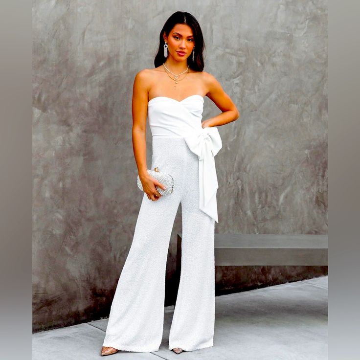 This Jumpsuit Is Gorgeous With Just The Right Amount Of Glam Sequins. Nwt. Chic White Strapless Jumpsuit For The Beach, Elegant Strapless Jumpsuit For Beach, Elegant Strapless Jumpsuits And Rompers For Day Out, White Strapless Jumpsuit For Night Out In Summer, White Strapless Jumpsuit For Summer Nights, White Fitted Strapless Jumpsuit For Day Out, Fitted White Strapless Jumpsuit For Day Out, Chic White Strapless Jumpsuit For Party, White Strapless Jumpsuit For Spring Party