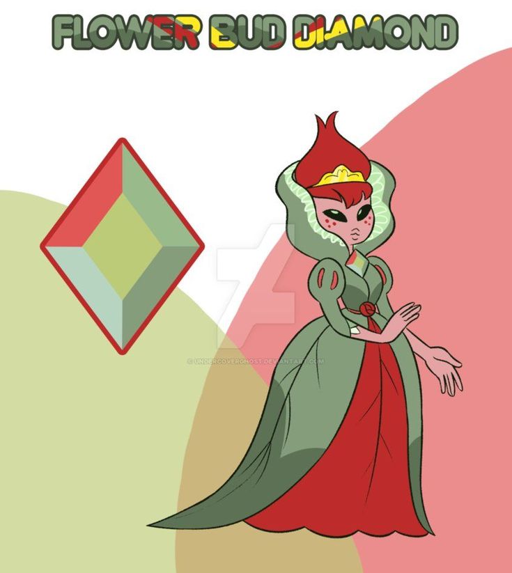 a woman in a green dress and red hair is standing next to a diamond with the words flower bud diamond on it