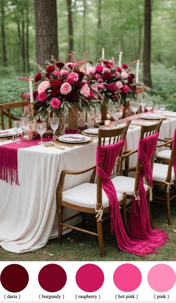 the table is set with pink and red flowers in vases, candles, and napkins