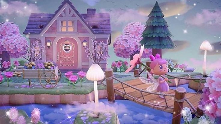 an animated scene with a fairy house and pink flowers