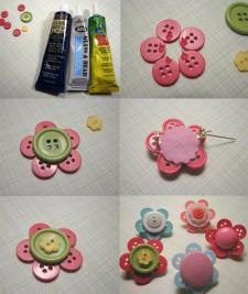 the instructions for making flower buttons are shown in four different pictures, including one button and two