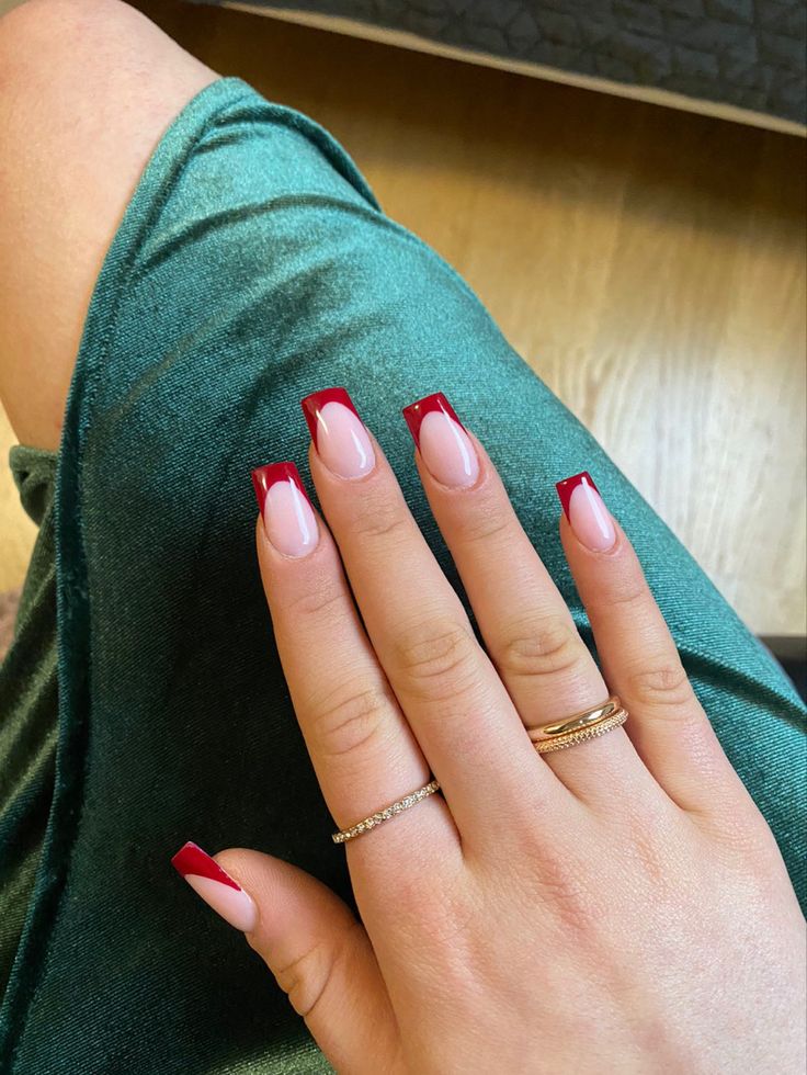 Red French Tip Nails Coffin Christmas, Square Nail Red French Tip, Deep Red French Tip Nails Coffin, Square Acrylic Nails Red French Tips, Ted French Tips Nails, Red French Tip Coffin Acrylic Nails, Red French Tip Nails Square Christmas, Red French Tip Nails Coffin Medium, Nails For Red Hoco Dress