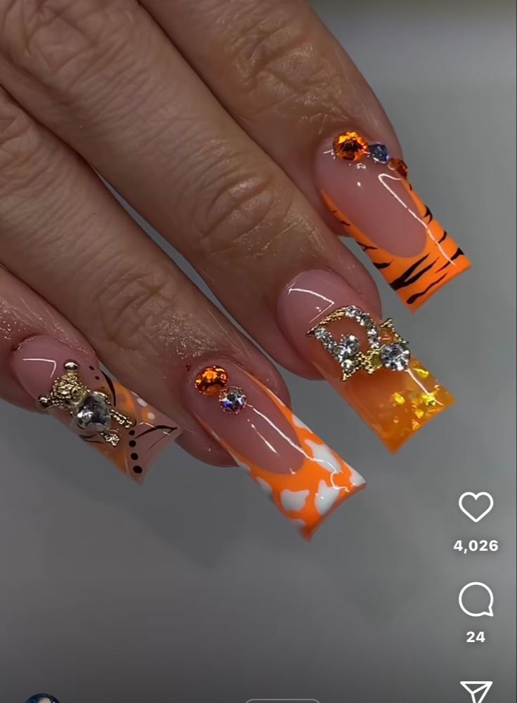 Acrylic Nail Designs Square Orange, Orange Prom Nails Black Women, Orange Nails Black Women, Medium Square Acrylic Nails Orange, Orange Duck Nails, Fall Duck Nails, Short Orange Nail Designs, Orange Duck Nails Acrylic, Orange Birthday Nails