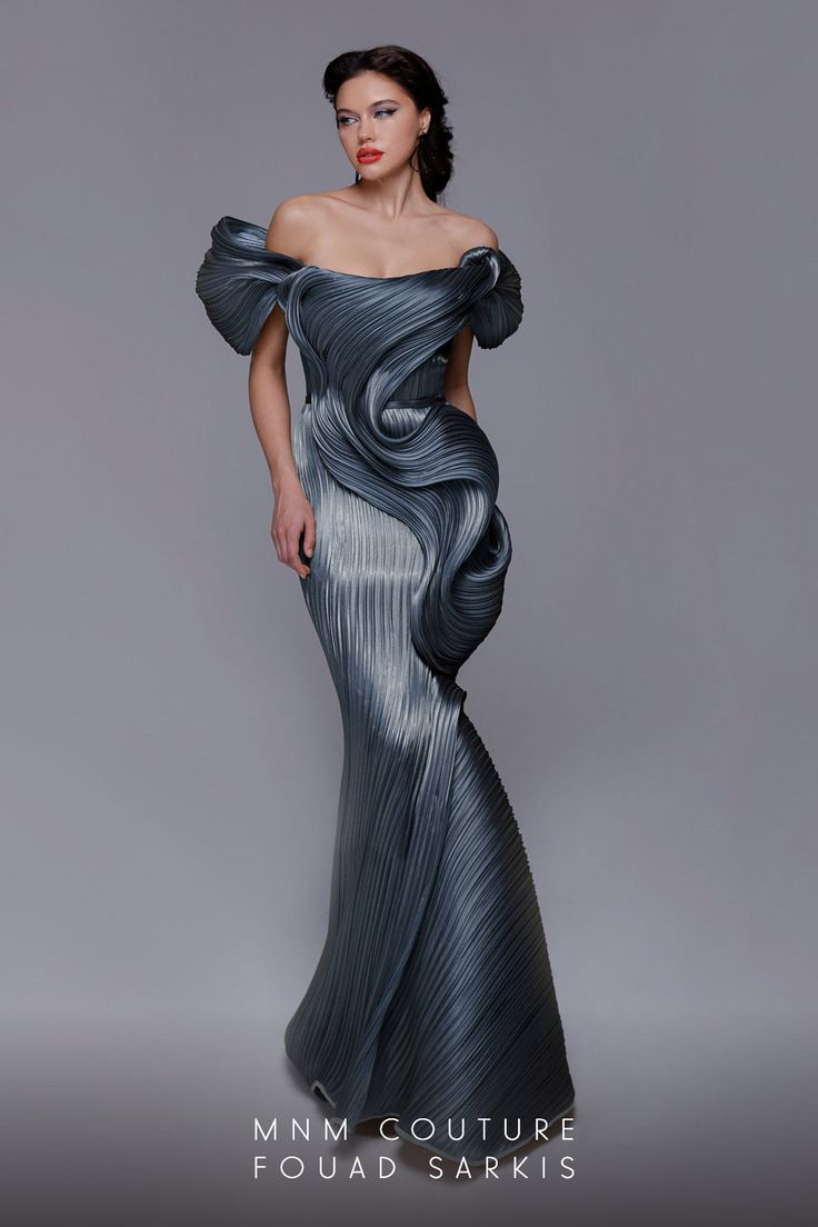 Be picture perfect in this classic, long and fitted mermaid dress. Crafted from luxurious organza, this off the shoulder style features pleated detailing along the bodice and hips. An open zip fastening allows for adjustable comfort and ease when getting in, or out, of this ravishing evening or Mother of the Bride favo Gray Clothes, Organza Styles, Structural Fashion, Open Zip, Mnm Couture, Dress Designing, Classy Gowns, Timeless Glamour, Haute Couture Gowns