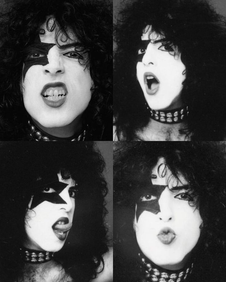 four black and white photos of a woman with her mouth open